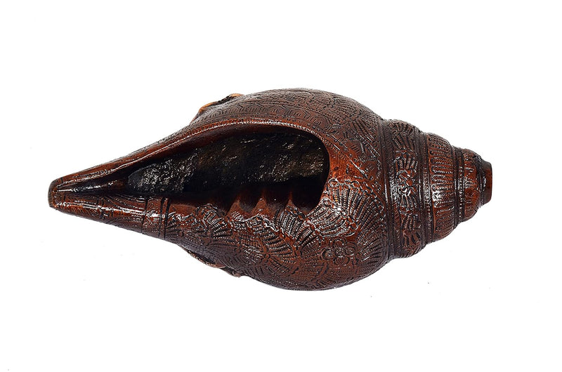 AONA Brass shankh with Radha-Krishna relief, textured carved surface, hollow mouth