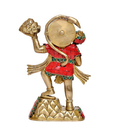 Back/side view of brass Hanuman JI idol statue, red robe with teal gem bands