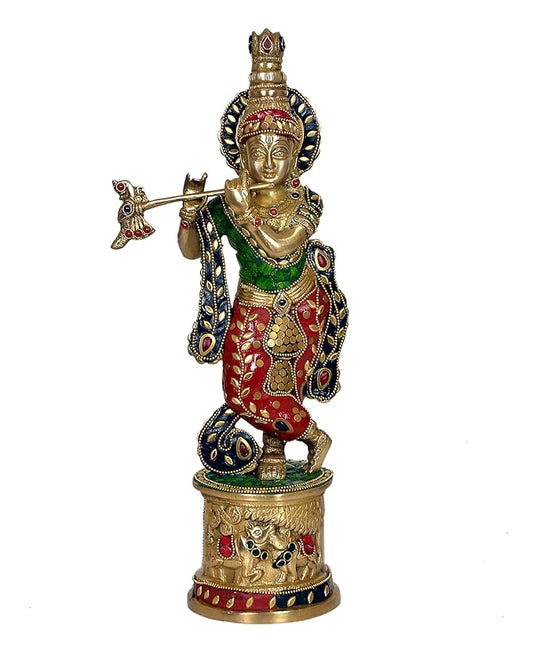 Home Decor Brass Krishna with Flute Idol Krishna (Multicolour, Height 15 Inch)