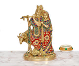 Radha-Krishna brass idol with cow figure, multicolored enamel-style detailing