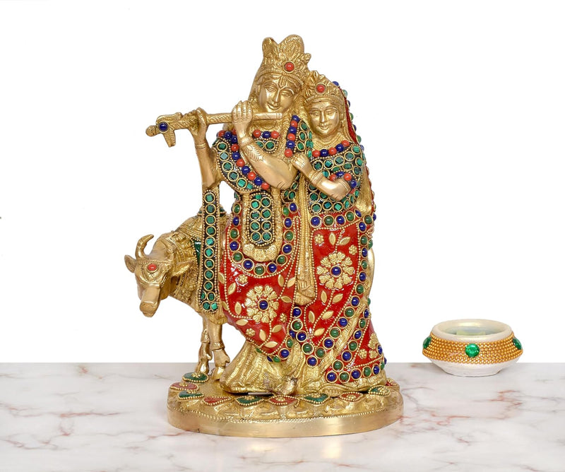 Brass Radha Krishna with Cow Idol (Height 9.5 Inch)
