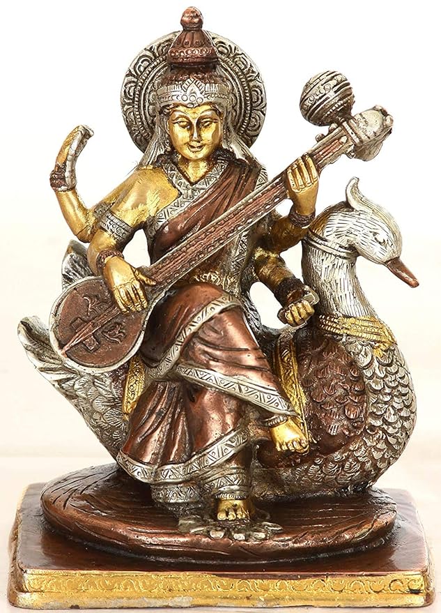 Brass Saraswati seated on swan statue, playing veena, 7.5 inch