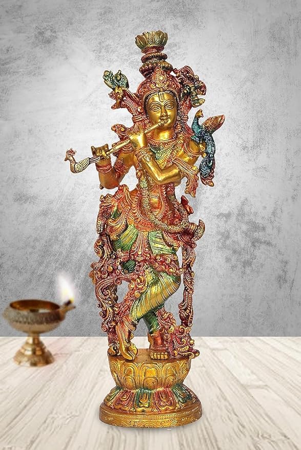 Brass Radha Krishna Statue Idol for Home Decor | Pair | Heigh : 14 Inches | Multicolor