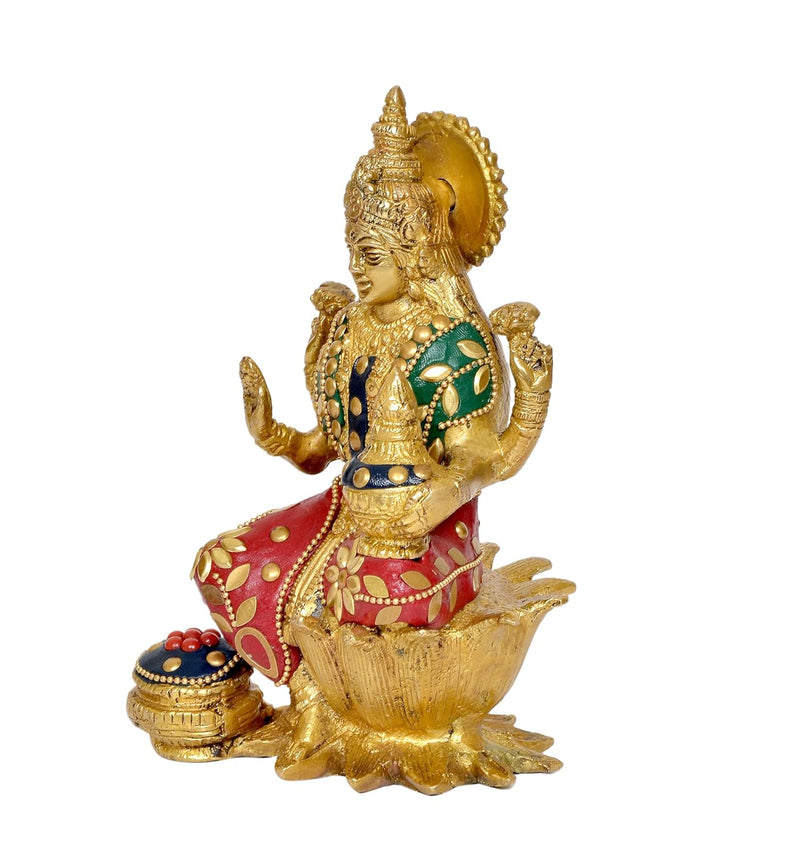 Brass Lakshmi Statue - Handcrafted Goddess Lakshmi Idol for Home Decor and Pooja - Hindu Goddess of Wealth Figurine Multicolor (Height: 7 Inch) (Multicolor )