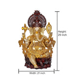 Brass Ganesha idol statue, height 29 in and width 21 in, ornate dark red and gold base