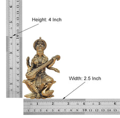 Maa Saraswati brass statue size: height 4 in, width 2.5 in, seated on lotus