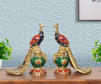 Brass peacock sculptures (2-pack), blue/red tail with green decorative base, 5.5 in
