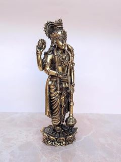 Brass Lord Vishnu idol statue in side view, raised left hand, detailed drapery base