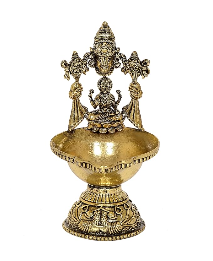 Fine Bronze Tirupatibalaji and Goddess Lakshmi Diya Oil Lamp for Diwali Pooja Gift Decoration Showpiece (Height 5.5 Inch)