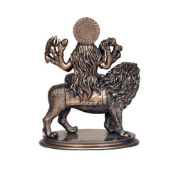 MAA Durga polyresin statue on lion, rear view showing patterned halo and flowing mane