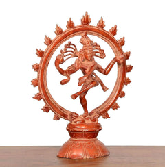 Dancing Lord Shiva brass figurine, front view with crown and spiked halo, multicolour