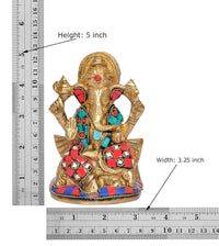 Ganesha idol statue, 5 inch tall; brass with red and turquoise jeweled detailing