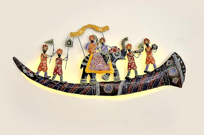 Iron wall decor: curved dark platform with standing figures and ornate details
