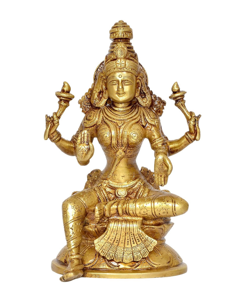 Brass Lakshmi Idol Laxmi Goddess Lakshmi Sitting Statue for The Puja Temple at Home Decor Office (Height: 8 Inch)