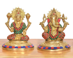 Brass Lakshmi Ganesha statue, front view with raised arms and multicolor beadwork, 5 in.