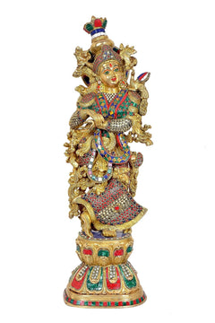 Radha Krishna brass figurine in ornate dress with eye work; 29 in height