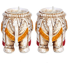Elephant tea light holders set, rear view with unlit candles, red trim and gold accents