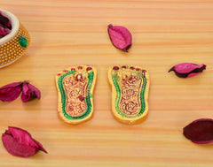 Metal Lakshmi charan paduka footprints, multicolor ornate design, two pieces