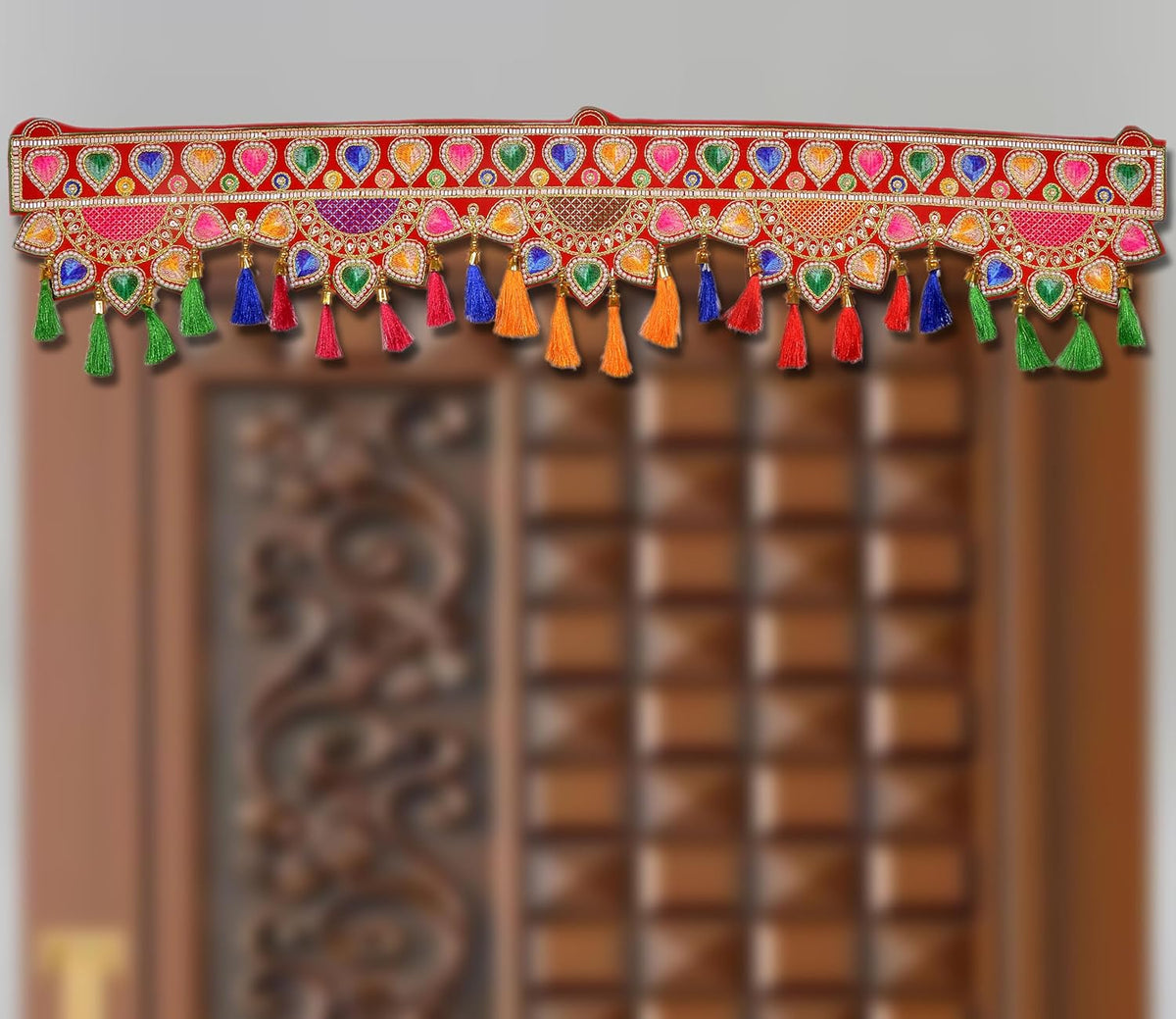 Diwali toran door hanging with heart motifs, jeweled trim, and multi-color tassels