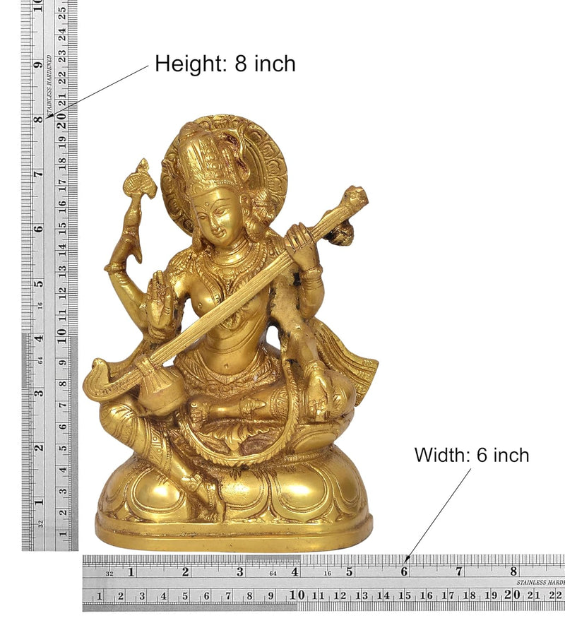 Brass Maa Saraswati Statue - Handcrafted Hindu Goddess Saraswati Idol for Home Decor and Pooja (Height 8 Inch) (Golden)