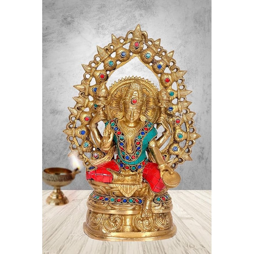 Brass Lakshmi maa statue with jeweled halo, red and teal accents, standing pose
