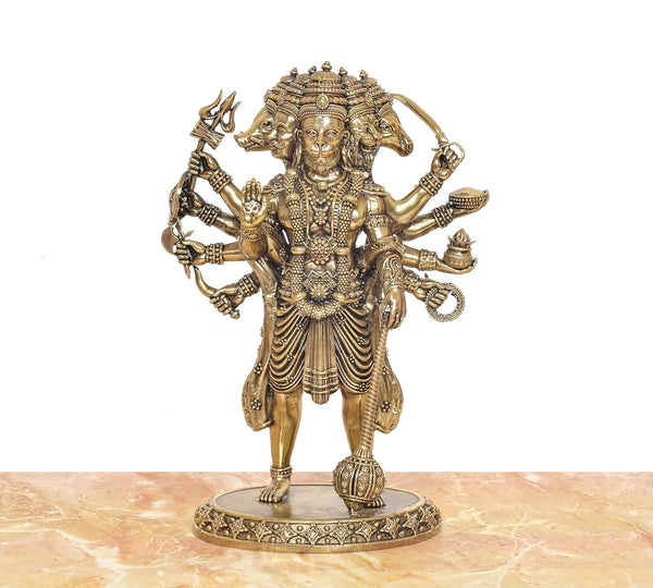 Superfine Brass Standing Panchmukhi Hanuman Figurine Ten Armed (Height :10 Inches) Study Setting