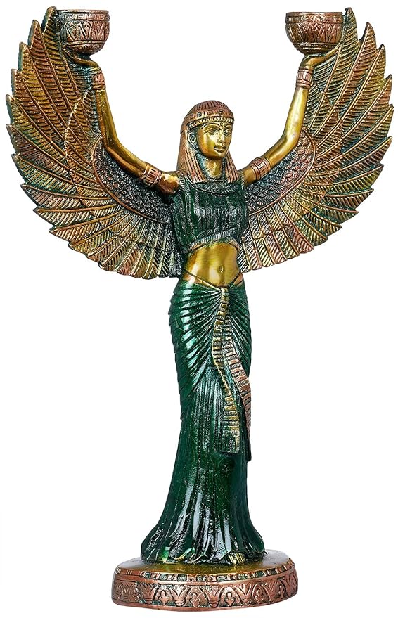 Brass Egyptian Statue of Goddess ISIS with Candle Holder Goddess of Egypt Height 12 inches (Green)