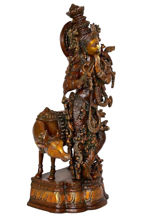 Krishna with Cow Brass Idol Krishna Religious Statue Murti (Height 27 inch)