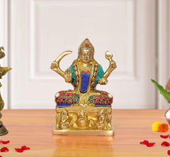 Brass Santoshi Maa statue with raised arms, teal-and-blue dress, multicolor details