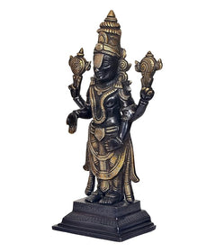 Brass Tirupati Balaji statue idol in side profile, dark blue with ornate gold trim