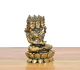 Brahma Ji brass idol angled view, ornate crowns and seated form on lotus pedestal