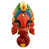 Wooden multicolor Ganesha mask, full front view with red blue painted details