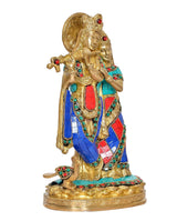 Brass Radha-Krishna idol statue, close view of Krishna holding flute and Radha
