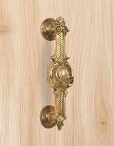 Ornate brass door handle, golden finish, close-up on round backplate