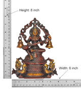 Saraswati brass statue, height 8 in, veena pose with two bell pots on swan