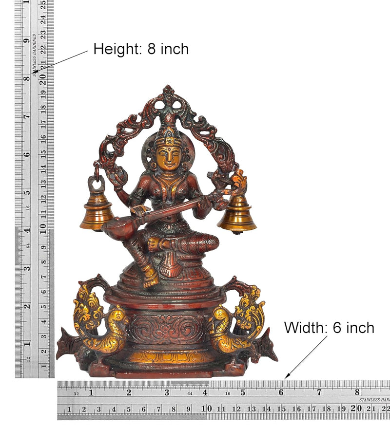 Brass Goddess Saraswati Sitting On Swan Devi of Study Maa Saraswati for Home Decor Office Mandir Pooja (Height: 8 Inch)