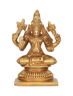 Golden brass Varahi Vishnu idol figurine, front view seated deity with four hands