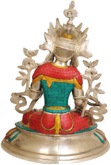 Brass Tibetan White Tara figurine, rear view with red mosaic skirt and teal top
