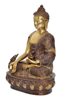 Brass Buddha statue seated in dhyan mudra, side view with detailed robe and base