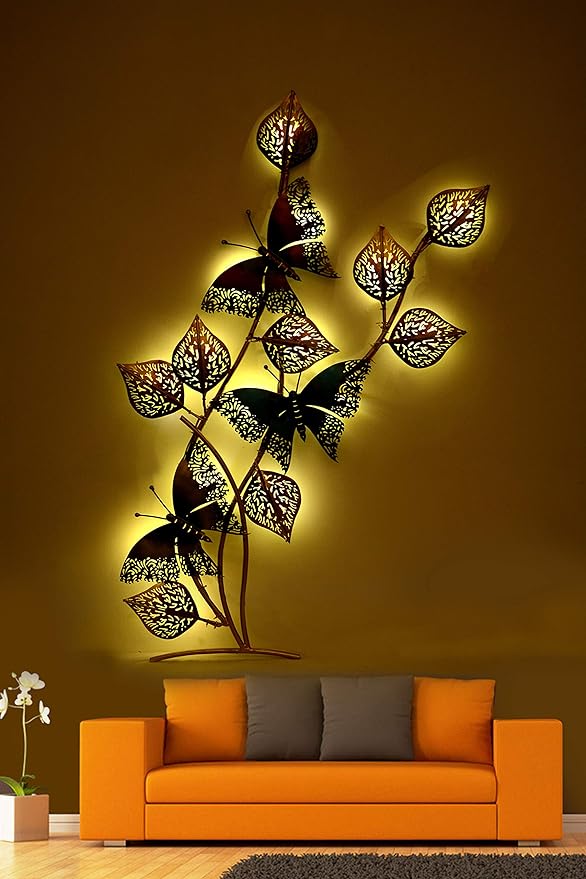 Iron Leaves and Butterfly Design Handcrafted Wall Hanging with LED Light (Height: 20) Entryway Setting