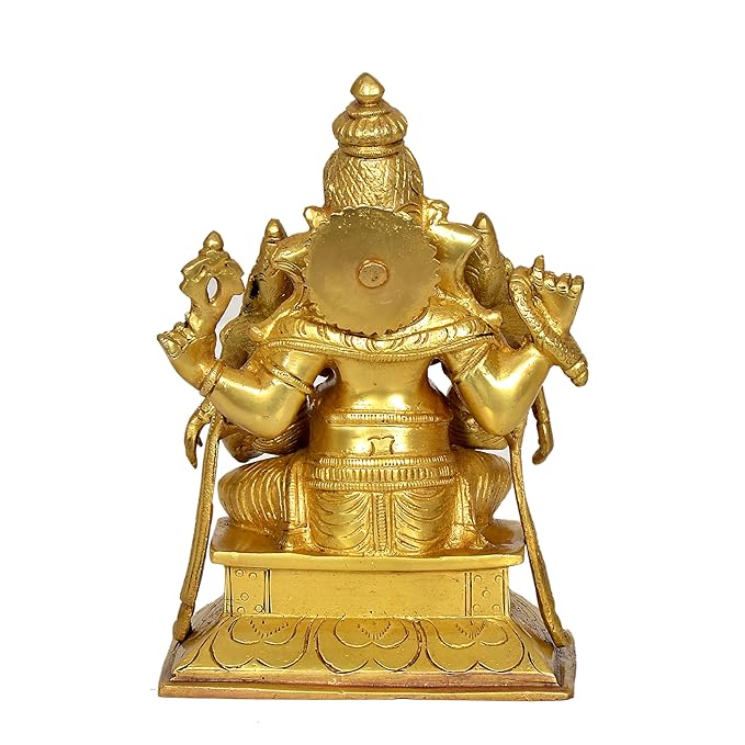 Brass Lord Ganesha with Riddhi Siddhi Idol Statue Murti, Height : 7 inch (Gold)