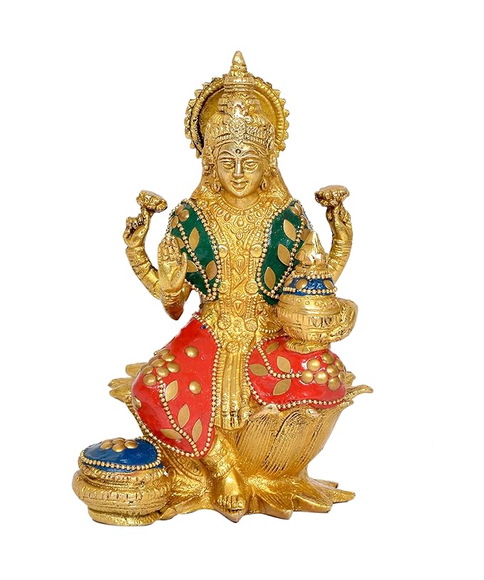 Brass Goddess Laxmi Sitting on lotus (Height: 7 Inch)