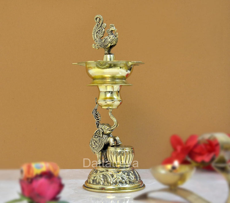 Bronze Elephant with Peacock Oil Lamp Diya for Home Pooja Antique Items Gift Items Deepam Diwali Home and Office Decor (Height: 8.5 Inch)