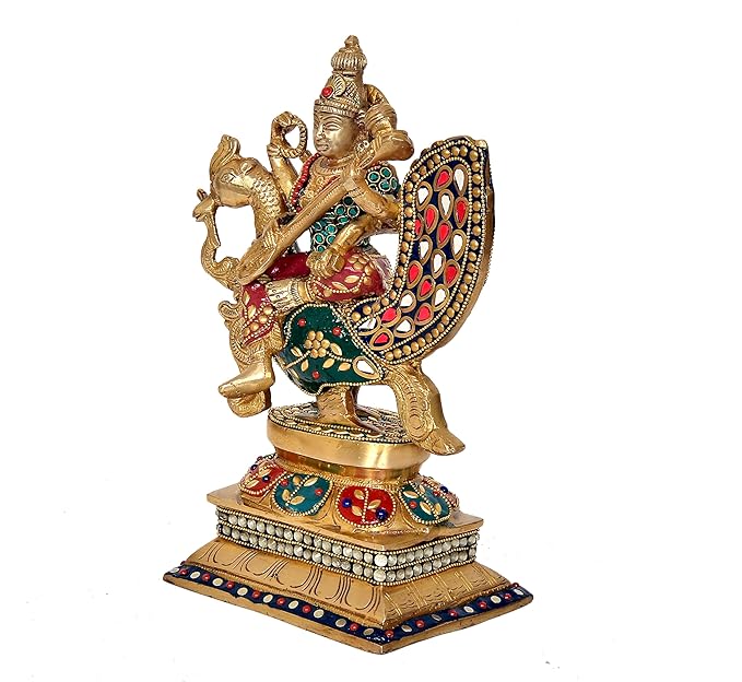 Brass Goddess Saraswati Sitting On Swan Devi of temple (Height: 11.5 Inches)