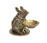 Brass mouse diya oil lamp with scalloped shallow bowl, ornate patterned body