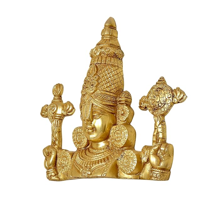 Brass Lord Tirupati Balaji Bust with Vaishnava Symbols Wall Hanging Home Temple Office Figurine Height: 6 Inch