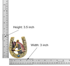 Metal horseshoe wall hanging size shown: Height 3.5 in, Width 3 in