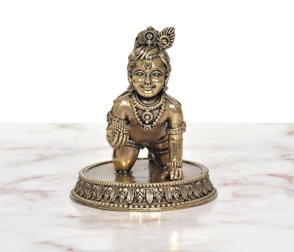 Superfine Brass Bal Krishna Laddu Gopal Makhan Chor Idol (Height 3 Inch) Study Setting
