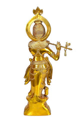 Brass Krishna murti rear angle, flute held near body, decorative halo and crown