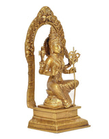 Brass Rajarajeshvari idol, other side angle, arched halo and ornate holding spear